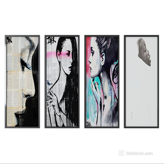 Four Panel Graffiti Style Portrait Paintings With Colorful Faces And Book Elements 3d model