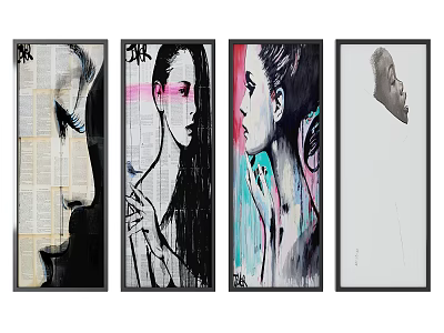 Four Panel Graffiti Style Portrait Paintings With Colorful Faces And Book Elements 3d model