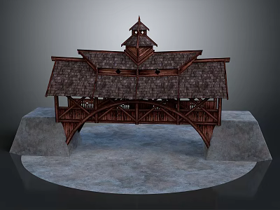 Wooden Covered Bridge Structure With Spire Tower Tile Roof And Stone Piers 3d model