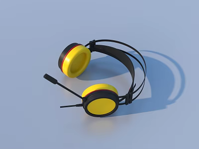 Yellow Headphones with Microphone Black Headband and Yellow Ear Cups on Light Blue Background 3d model