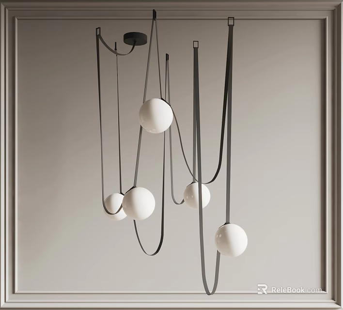 Modern Pendant Light With Black Metal Hanging Lines And White Spherical Shades 3d model 
