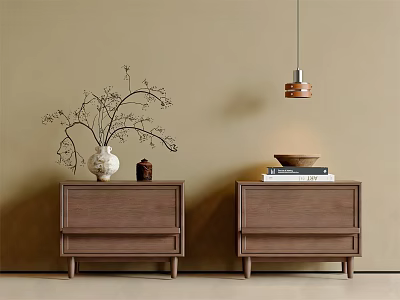 Brown Wooden Bedside Tables With Vase Branches Clay Pot Books And Wooden Bowl 3d model