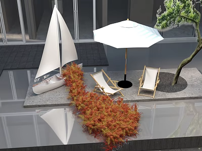 Outdoor Terrace Floral Display With Sailboat Model Deck Chairs White Parasol And Green Tree 3d model