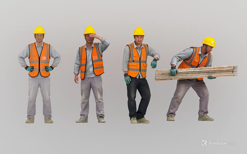 Group of Construction Workers in Yellow Hard Hats and Orange Safety Vests Carrying Wooden Planks 3d model 