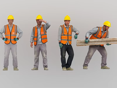 Group of Construction Workers in Yellow Hard Hats and Orange Safety Vests Carrying Wooden Planks 3d model