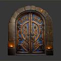 Arched Wooden Gate With Stone Frame Blue Copper Design Carved Patterns And Lit Wall Lamps