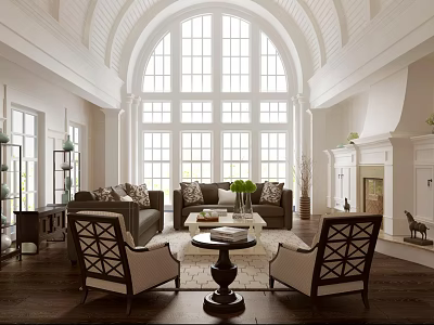 Elegant Living Room Interior With Sofa Coffee Table Set Large Windows Fireplace And Chairs 3d model