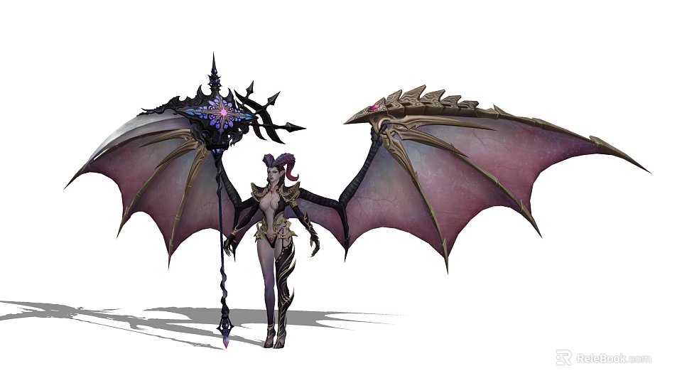 Mythical Game Character With Spiked Purple Black Wings Decorative Staff Purple Hair And Elaborate Outfit 3d model 