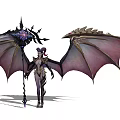 Mythical Game Character With Spiked Purple Black Wings Decorative Staff Purple Hair And Elaborate Outfit