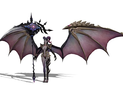 Mythical Game Character With Spiked Purple Black Wings Decorative Staff Purple Hair And Elaborate Outfit 3d model