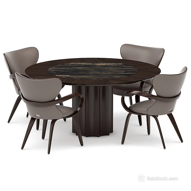 Modern Round Dining Table Set with Four Gray Upholstered Chairs and Marble Tabletop 3d model 