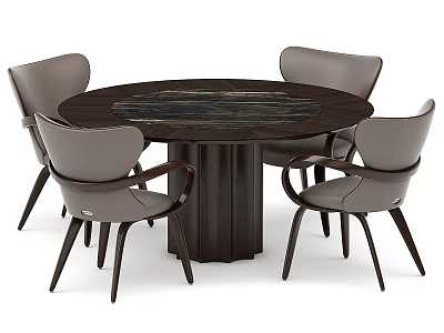 Modern Round Dining Table Set with Four Gray Upholstered Chairs and Marble Tabletop 3d model