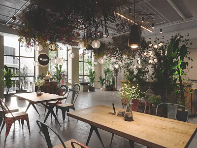 Modern Boutique Interior With Lush Green Plants Hanging Lights And Wooden Tables Chairs 3d model