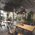 Modern Boutique Interior With Lush Green Plants Hanging Lights And Wooden Tables Chairs