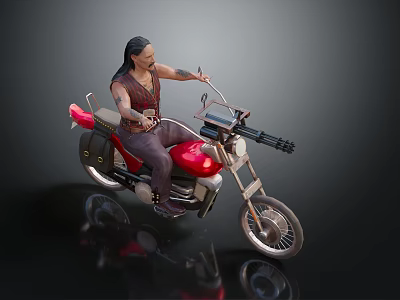 A Man Riding A Red Motorcycle With Mounted Machine Gun 3d model