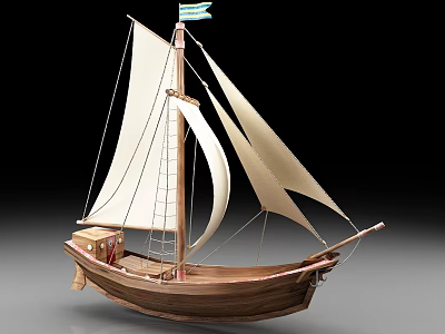 Model Sailboat With Wooden Hull White Sails Mast And Small Box On Deck 3d model