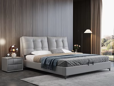 Modern Double Bed With Grey Padded Headboard And Wooden Wall Bedroom Interior 3d model