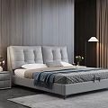 Modern Double Bed With Grey Padded Headboard And Wooden Wall Bedroom Interior