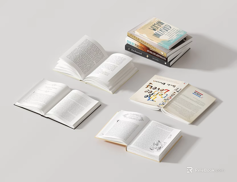 Open Books And Stacked Magazines Spread Out On Table With Reading Materials 3d model 