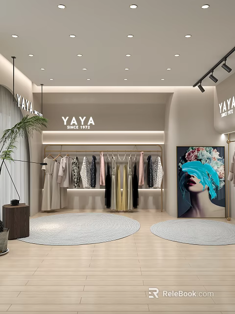 YAYA Company Public Office Space With Clothing Rack Green Plant Round Rug And Decorative Painting 3d model 
