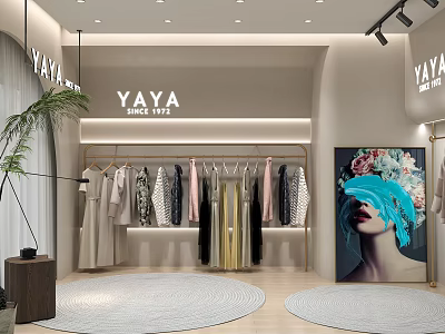 YAYA Company Public Office Space With Clothing Rack Green Plant Round Rug And Decorative Painting 3d model