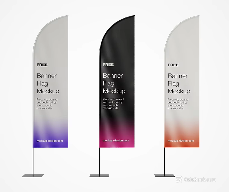 Free Three Banner Flag Mockup Set with Gradient Colors and Design Elements 3d model