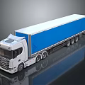 White Semi Trailer Truck With Blue Cargo Container And Reflective Surface