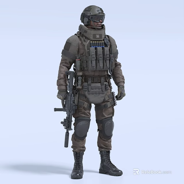 A Man In Tactical Combat Armor With Knee Pads Holding Assault Rifle 3d model 