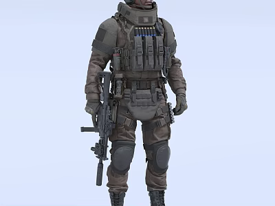 A Man In Tactical Combat Armor With Knee Pads Holding Assault Rifle 3d model