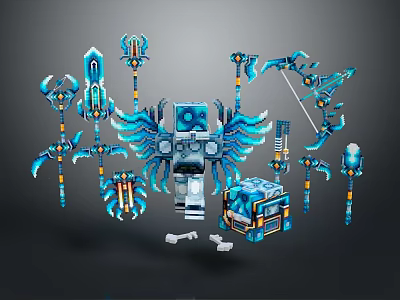 Futuristic Blue And White Mechanical Device With Wings Surrounded By Various Blue Weapons And Chest 3d model