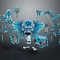 Futuristic Blue And White Mechanical Device With Wings Surrounded By Various Blue Weapons And Chest