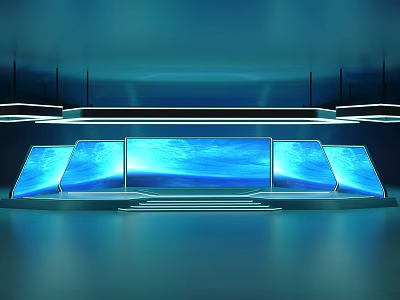 Modern Stage Setup With Multiple Blue Illuminated Screens And Layered Lighting 3d model