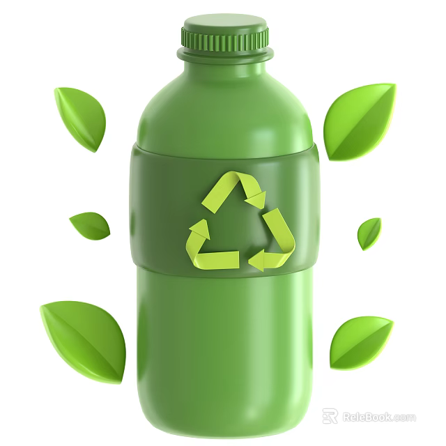Eco Friendly Green Beverage Bottle With Recycling Symbol And Green Leaves 3d model 