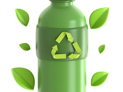 Eco Friendly Green Beverage Bottle With Recycling Symbol And Green Leaves 3d model