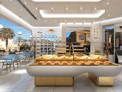 Modern Bright Bakery With Pastry Display Cases Seating And Palm Trees Outside 3d model