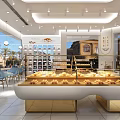 Modern Bright Bakery With Pastry Display Cases Seating And Palm Trees Outside