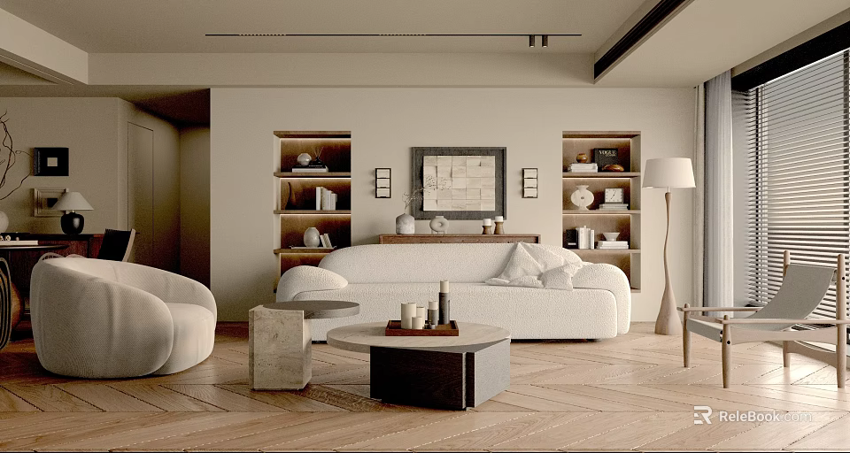 Modern Living Room Interior Design With White Sofa Coffee Table Wooden Shelves And Floor Lamp 3d model 