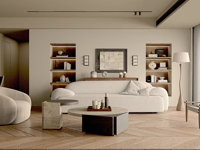 Modern Living Room Interior Design With White Sofa Coffee Table Wooden Shelves And Floor Lamp 3d model