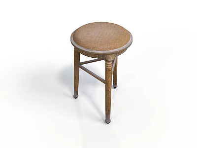 Round Padded Seat Stool With Wooden Legs And Classic Cross Support Design 3d model