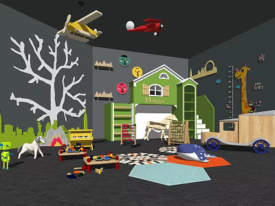 Green House Shaped Children's Bed with Toy Truck Building Blocks Airplane Models and Giraffe Decor 3d model
