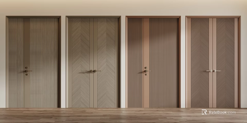 Modern Interior Wooden Double Doors With Herringbone And Vertical Texture Patterns 3d model
