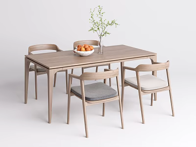 Modern Dining Table Set with Wooden Table Four Chairs Orange Bowl and Green Plant 3d model