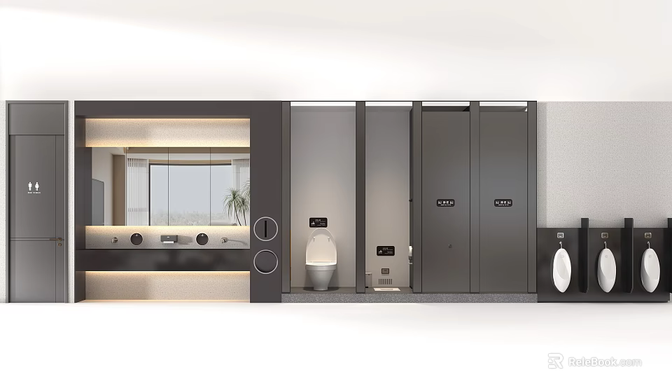 Clean Modern Public Restroom Interior With Stalls Sink Mirror And Toilet 3d model 