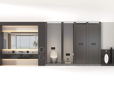 Clean Modern Public Restroom Interior With Stalls Sink Mirror And Toilet 3d model