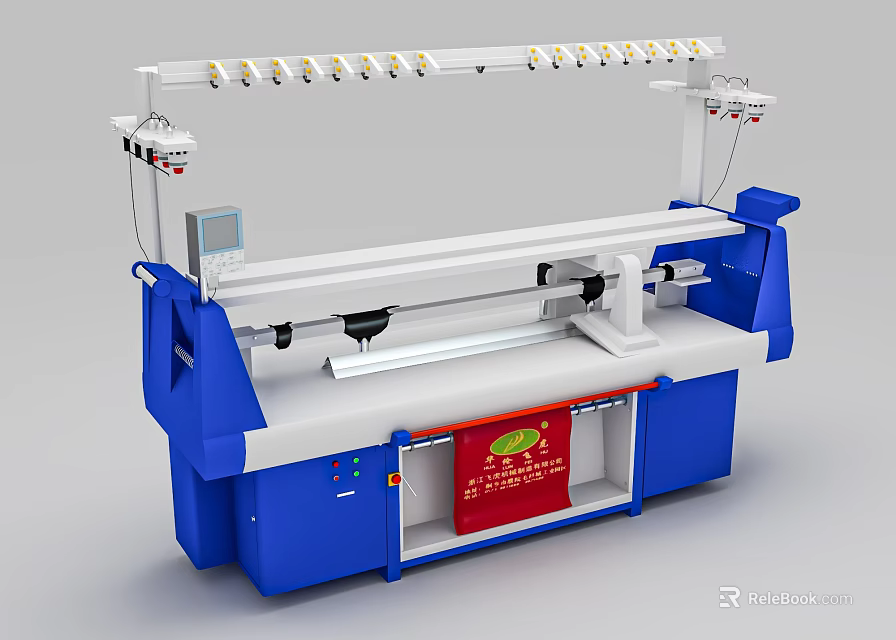 Industrial Blue And White Knitting Machine With Multiple Needles And Red Panel 3d model 