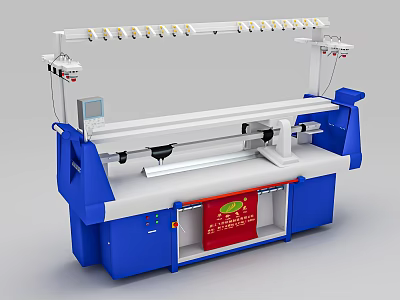 Industrial Blue And White Knitting Machine With Multiple Needles And Red Panel 3d model