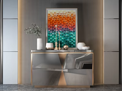 Modern Entryway Cabinet Sideboard with Metallic Finish Colorful Geometric Painting and Decorative Items 3d model