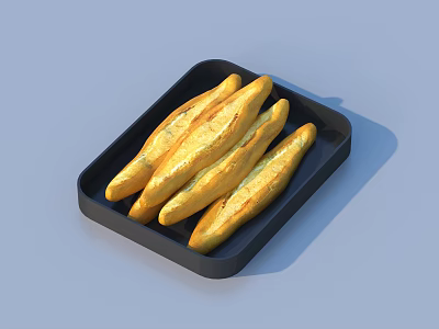 Delicious Freshly Baked Golden Long Baguette Bread Served in Black Tray 3d model