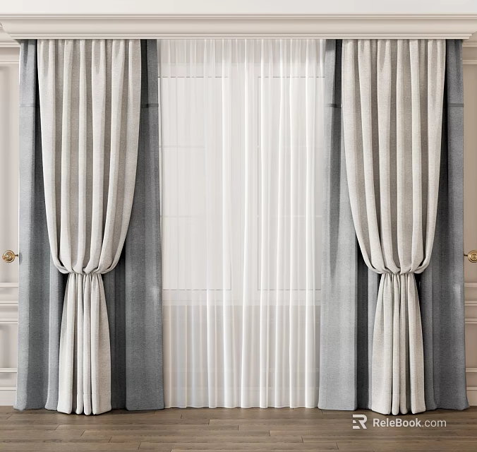 Light Gray Pleated Curtains With White Sheer Layer And Gold Tiebacks For Window 3d model