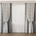 Light Gray Pleated Curtains With White Sheer Layer And Gold Tiebacks For Window 3d model